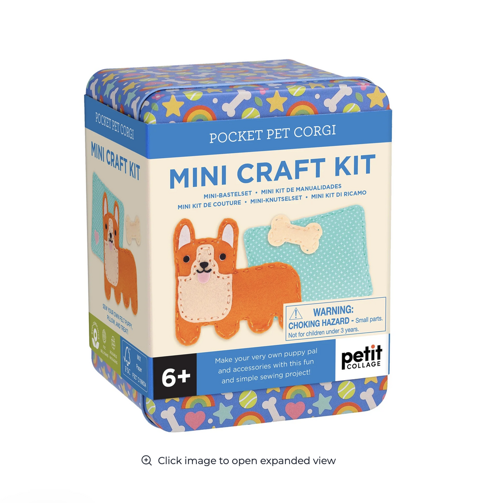 The Pocket pet Corgi Mini Craft Kit packaged in a mini tin that holds all the included supplies needed to create your own Corgi with  a bed and bone to go with. 