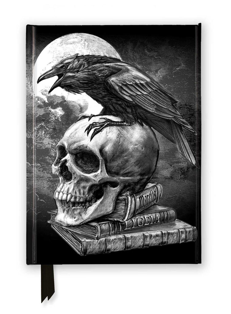 Cover of Poe's Raven journal has a black and white illustration of a raven on top of a skull and stack of books with a moonlit sky in the background.