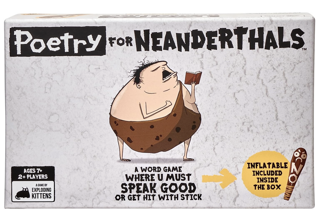 Poetry for Neanderthals box with illustrated graphics of a caveman reading poetry. 