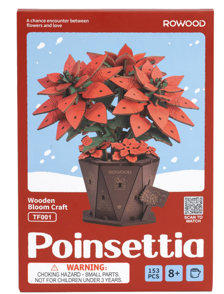 Red box with a picture of the completed Poinsettia 3D wooden puzzle on the front.