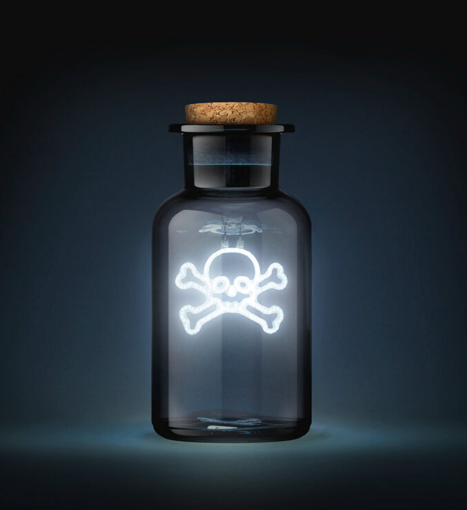 Close up of teh Poison Potion lgiht with a skull and crossbones lit inside an apothecary bottle. 