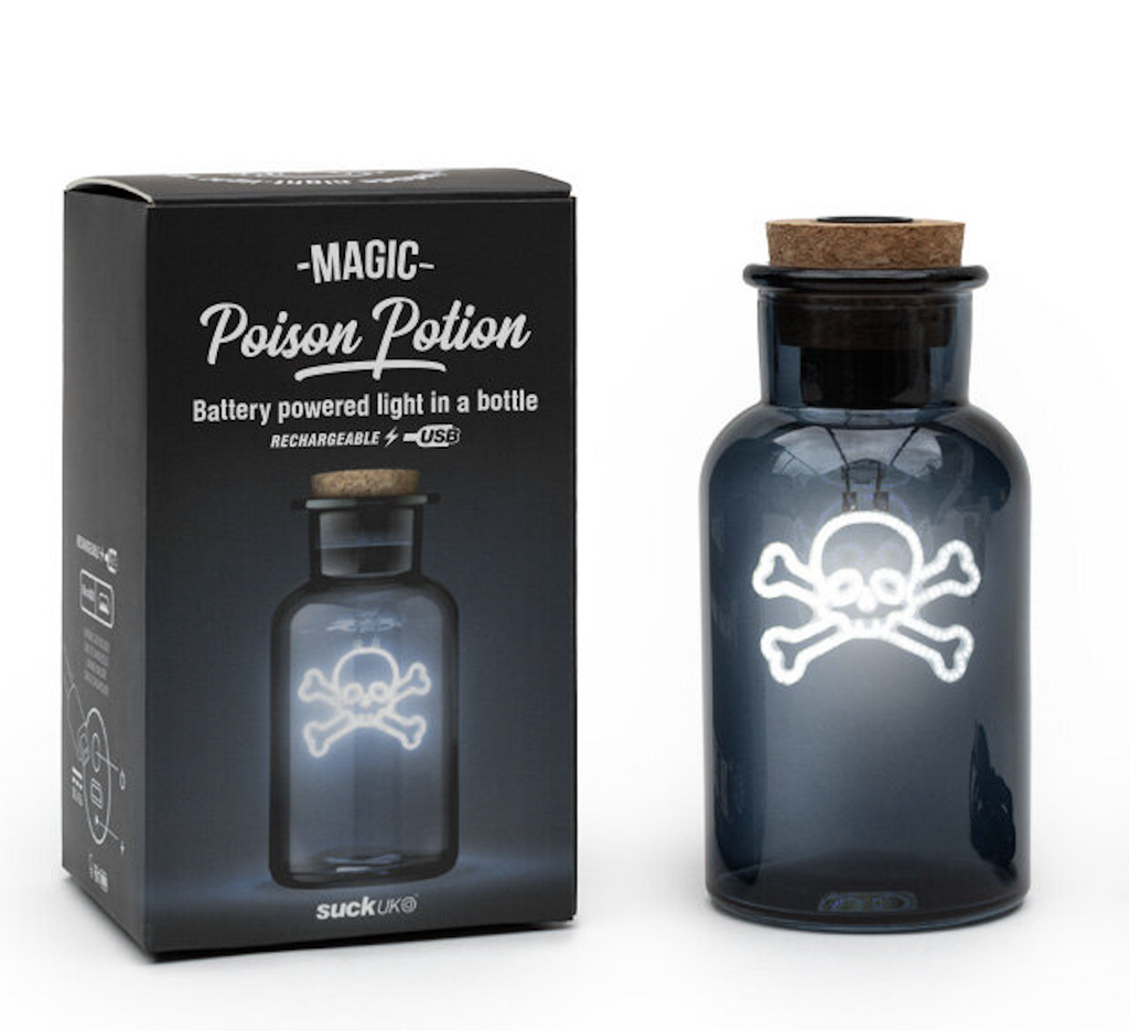 Poison Potion light in a bottle beside the box it is packaged in. 