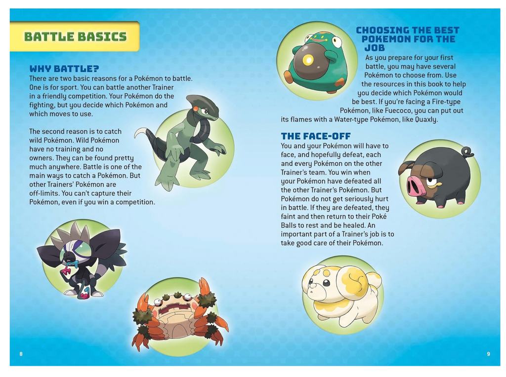 Interior page explaining battle basics: why battle; choosing the best pokemon for the job; the face-off.