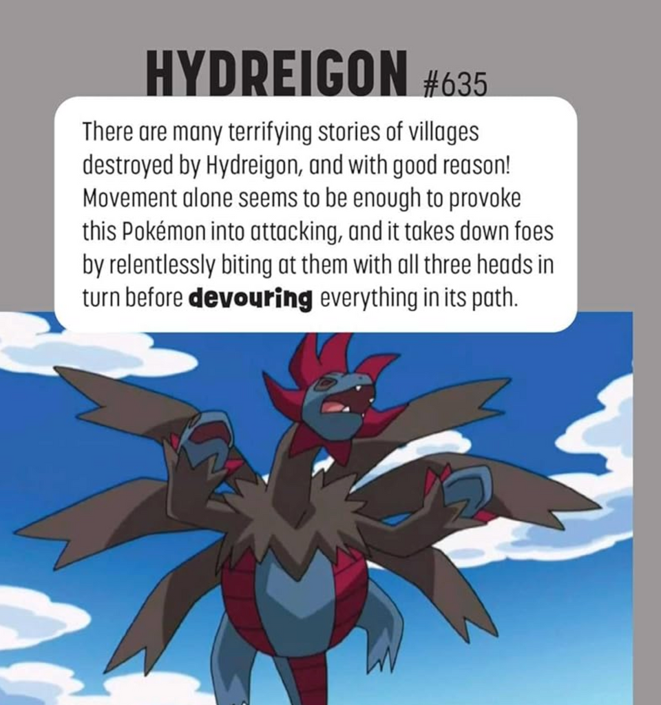 Interior page illustrated with Hydreigon a pokemon in the guide. 