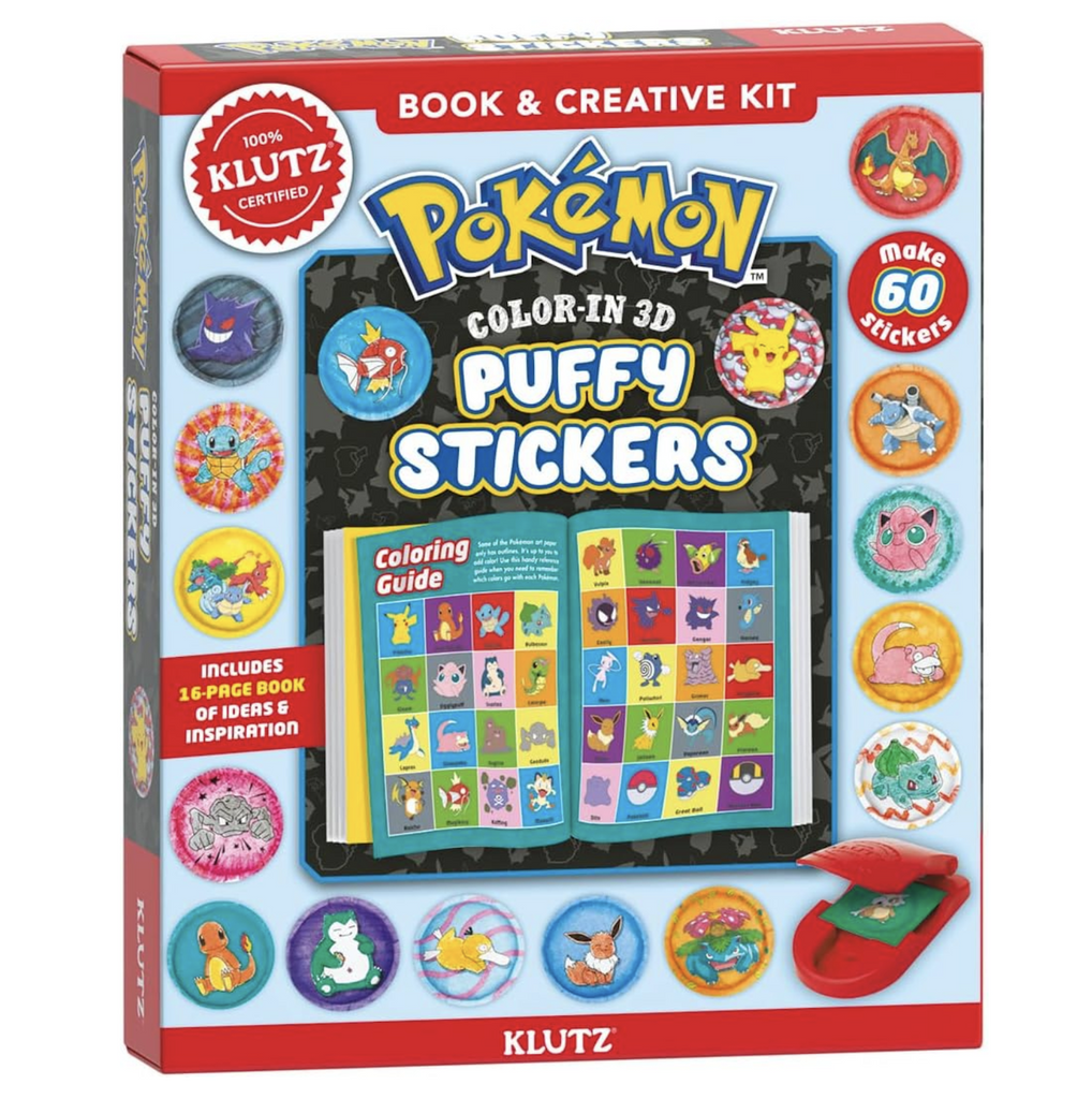 Pokemon Color In 3D Puffy Stickers craft kit box with a picture of the coloring guide and stickers made using the kit. 