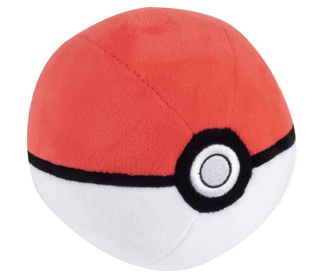 Plush Pokemon Poke ball. Top half is red and bottom half is white. 