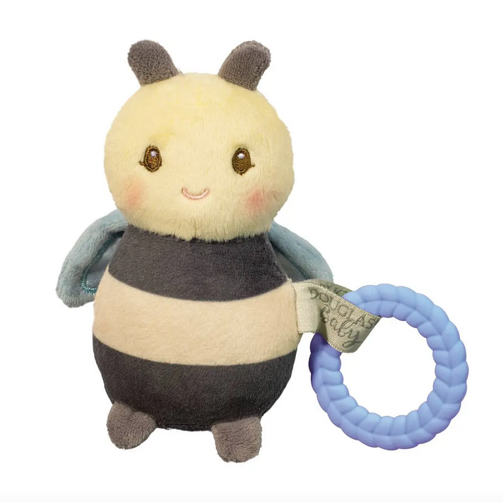 Plush yellow and black bumble bee with crinkle wings and blue teething ring attached. 