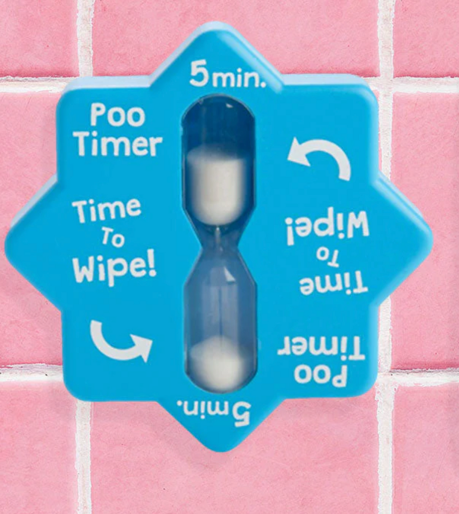 Blue Poo Timer attached to a pink tile wall .