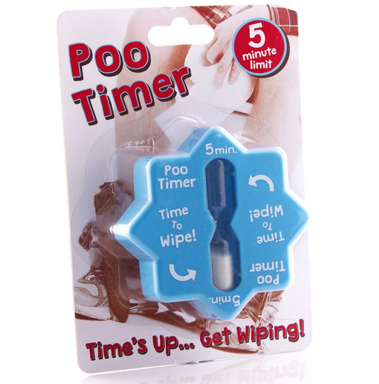 Blue Poo Timer in a package that reads "Time's up, get wiping"