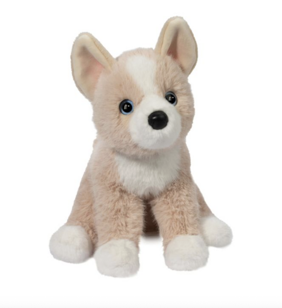 The Pookie Pomsky plush puppy in a seated position facing forward with bright blue eyes. 