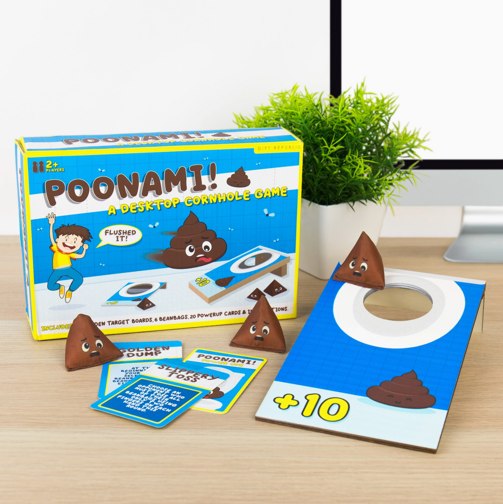POONAMI! board game packaging with game pieces and cards on a desk.