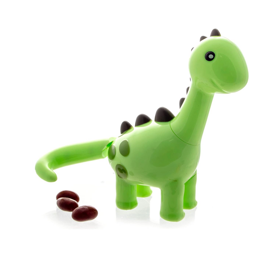 Green dinosaur-shaped toy with small brown jellybeans that the dino "poops" out when it's tail is lifted. 