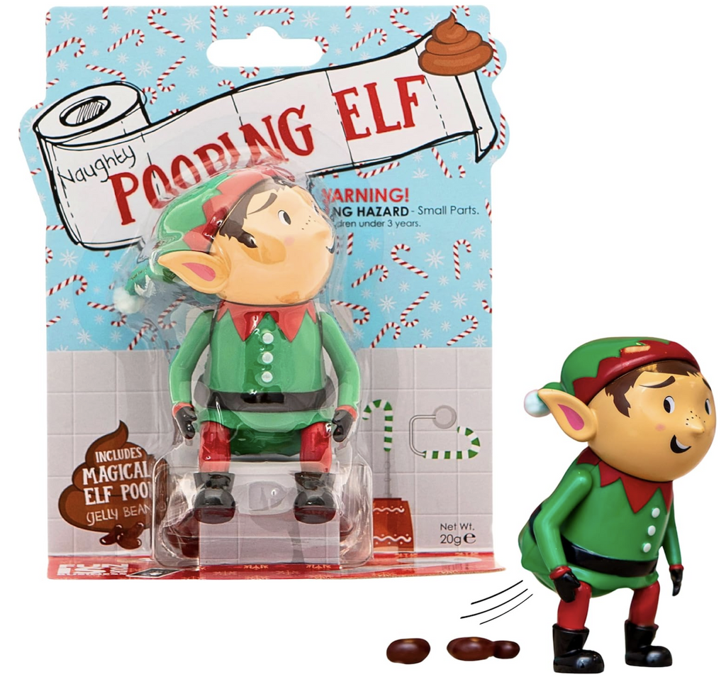The Pooping Elf candy dispenser with jellybeans that drop out when his arm is lifted. 