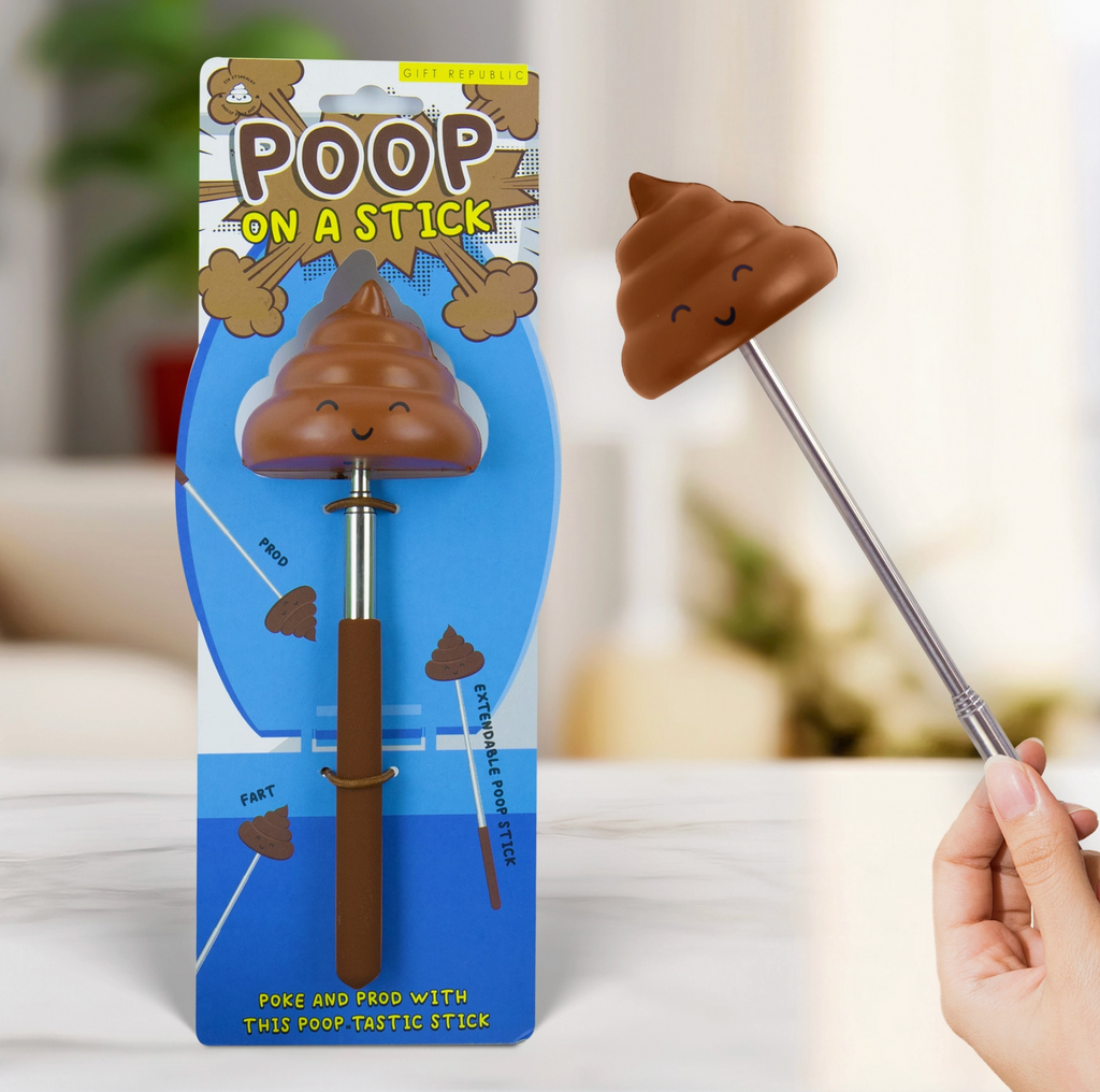 Product packaging of 'Poop on a Stick' with a hand holding the stick.