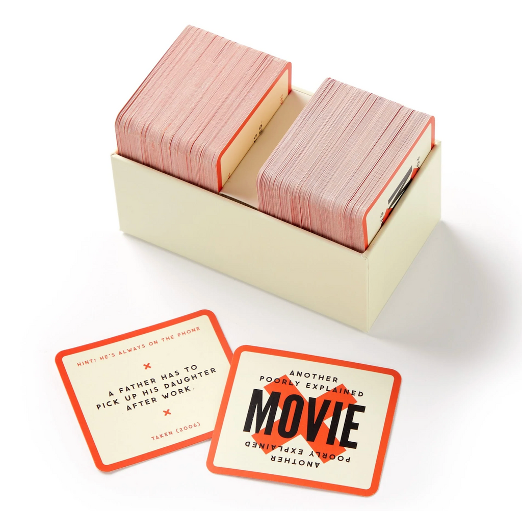 The game box that holds the cards and a card turned face up showing the synopsis that the next player has to use to guess the answer. 