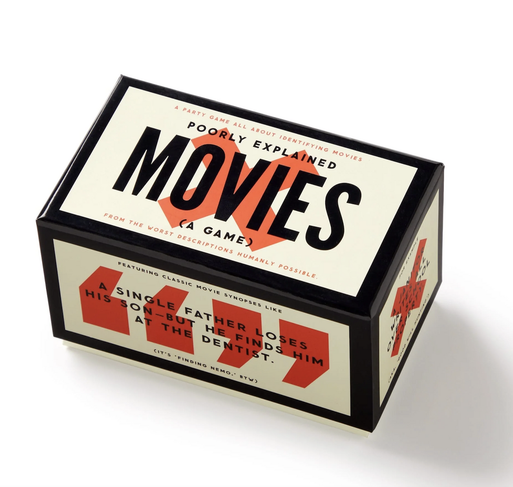 Box for the Poorly Explained Movies game with a white background outlined in black with red quotation marks and x's on the top and sides. With bold, black lettering. 