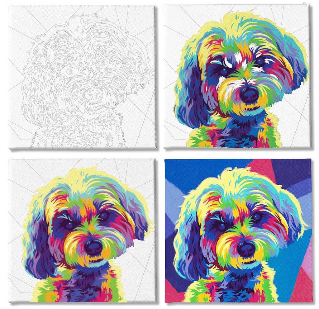 Four examples of the Pop Art Dog Stretched Canvas paint kit in various stage of completion. 