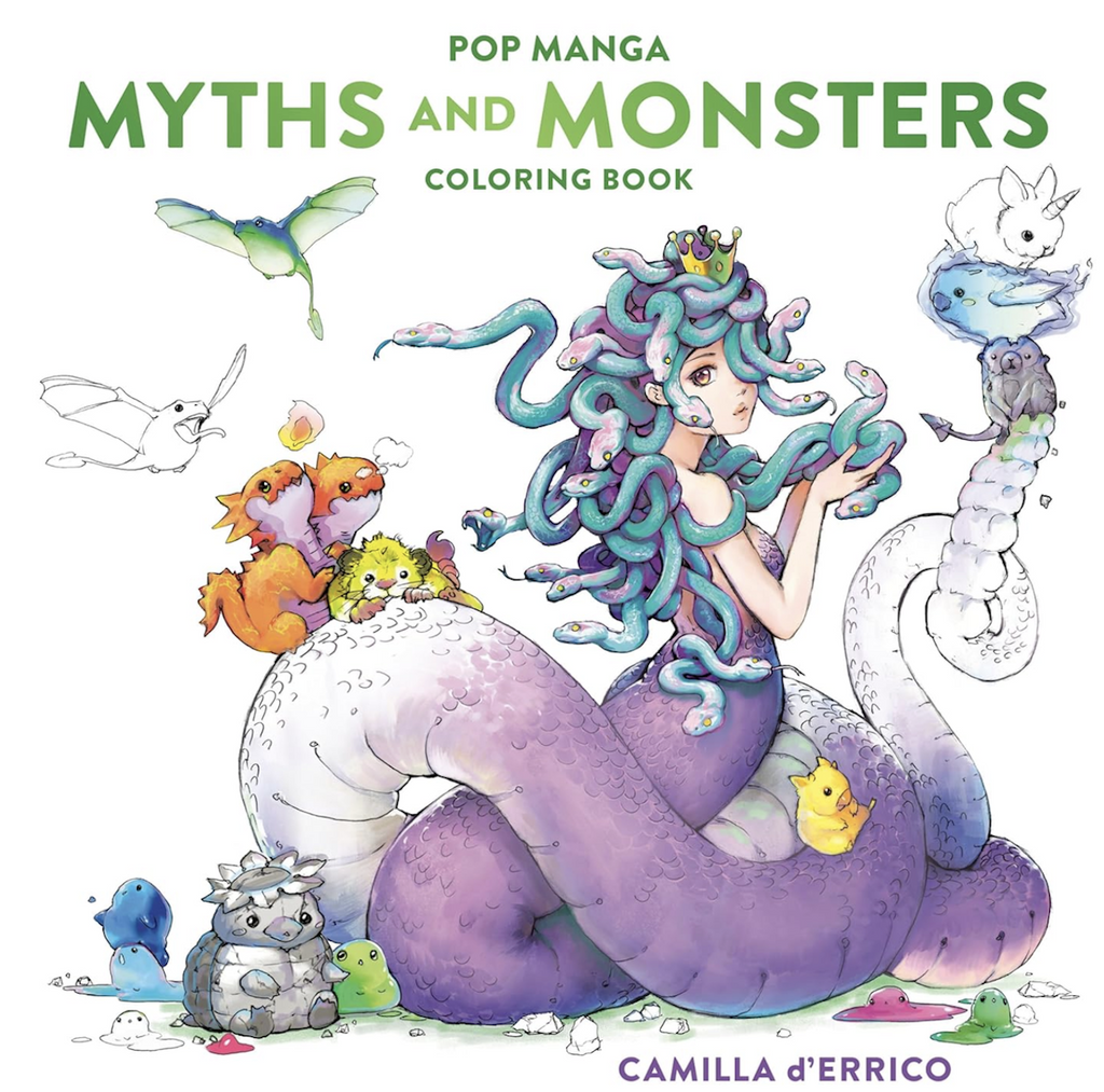 Illustrated cover of Pop Manga Myths and Monsters Coloring book featuring a beautiful drawing of Camilla d'Errico's a medusa character surrounded by magical creatures. 