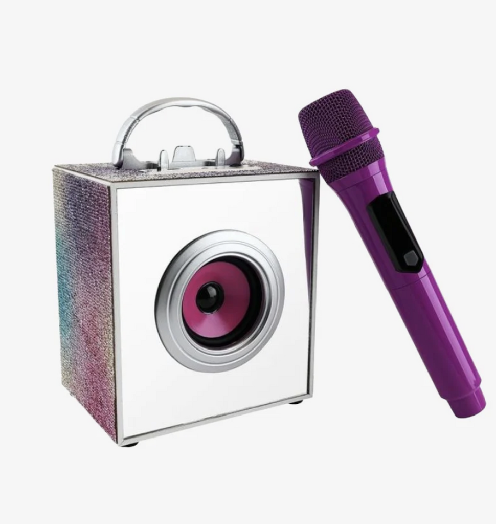 The Pop Star Karaoke Set with purple wireless microphine and blue tooth speaker. 