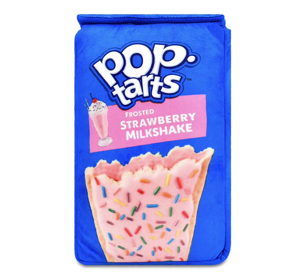 Blue plush box designed to look like a Pop Tarts box. The front has the classic logo that reads Pop-tarts with a picture of a delicious strawberry milkshake flavored pop tart with pink frosting and rainbow colored sprinkles. 