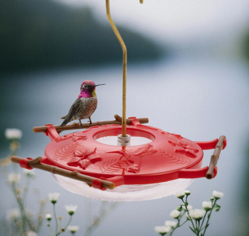 Hummingbird perched on the red AspenPerch Hummingbird feeder. 