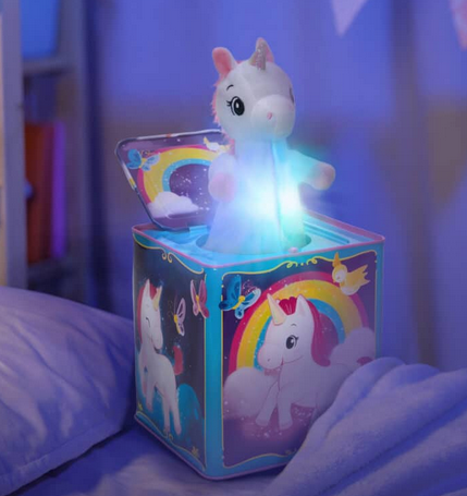 Turn the handle to hear a fun song and POP! An adorable plush unicorn pops out! Push them back in and close the lid to start the fun again.This unicorn shines bright and phases through a rainbow of colors, filling your little one’s space with an enchanting glow. 