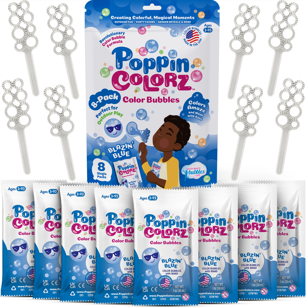 Poppin Colorz bubble blowing kit with blue packaging and bubble wands. 