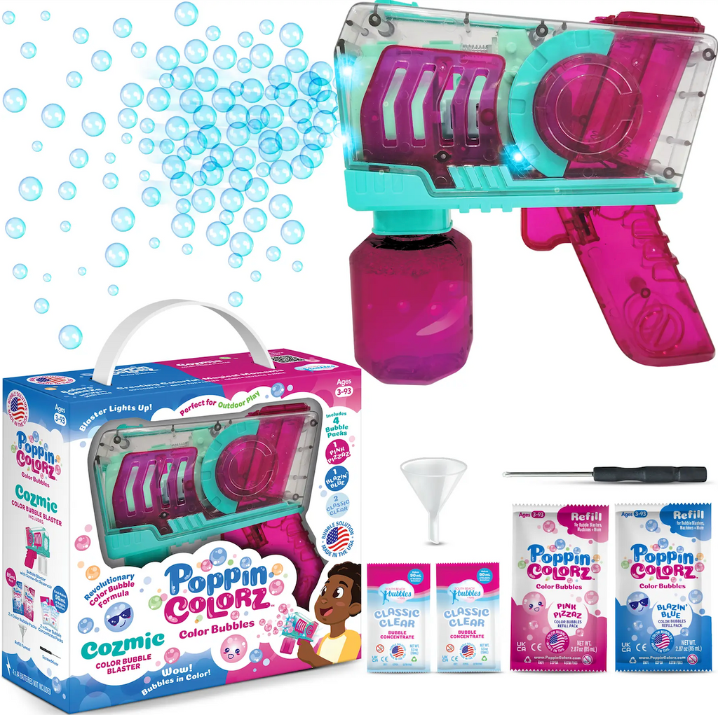 PoppinColorz Cozmic Bubble Blaster with four pouches of bubble solution, one each of pink and blue and two pouches of clear solution. 