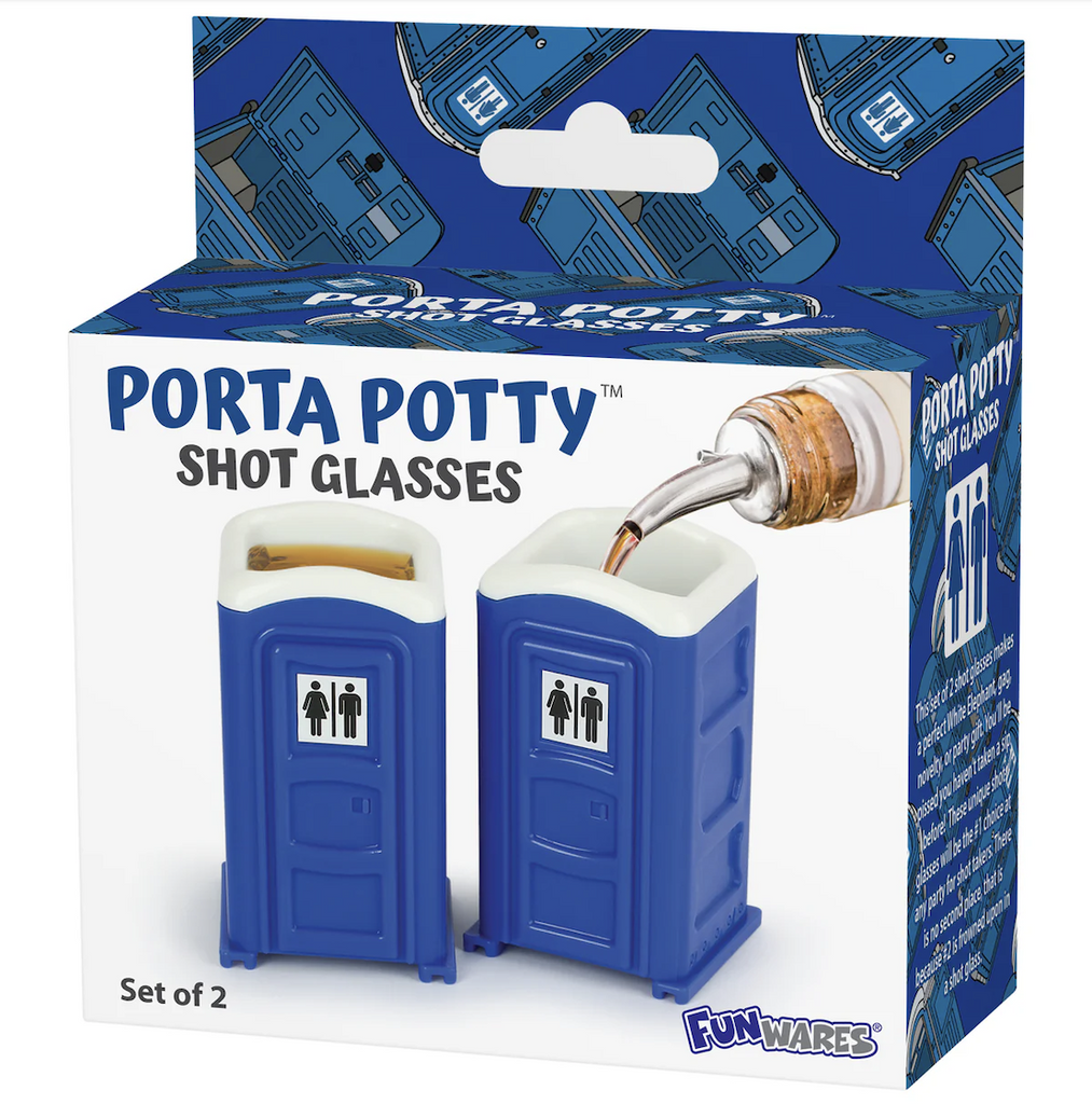 Set of 2 Porta Potty shot glasses in a box with a picture of the shot glasses being filled with an adult beverage. 