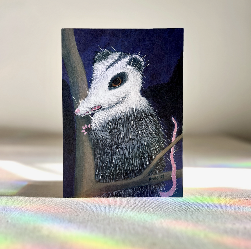 5 x 7 art print of a possum in a tree. Original art by Renee Stramel. 