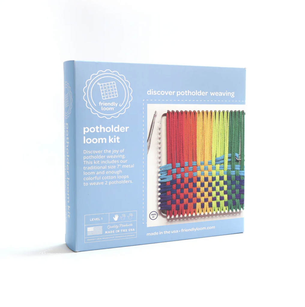 Potholder Loom Kit packaged in a blue box with a picture of colorful cotton loops on the loom being made into a potholder. 