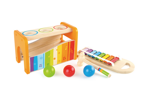 Pound and tap beanch with colorful xylophone and balls. 