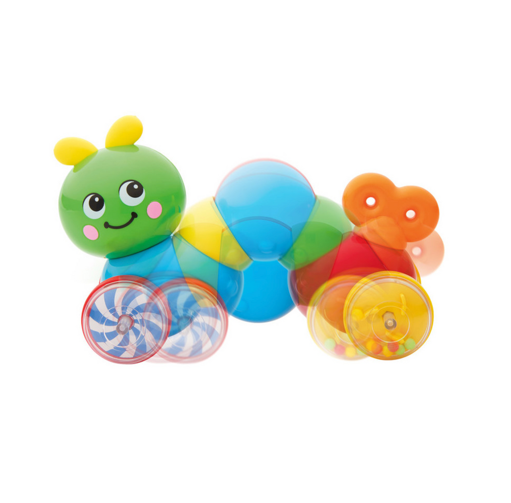 Colorful plastic inchworm toy shown in motion on a white background.
