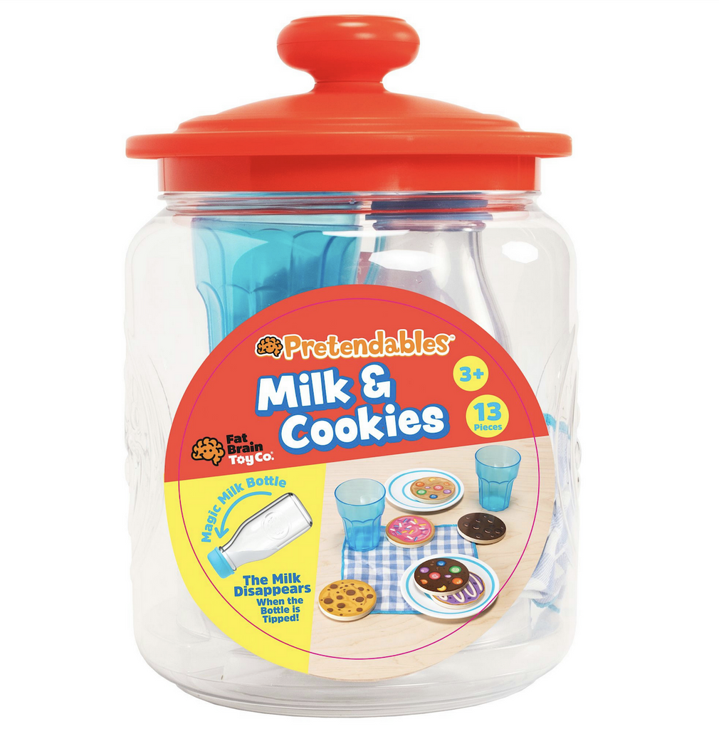 Pretendables Milk and Cookies set all contained within the clear cookie jar with red lid. 