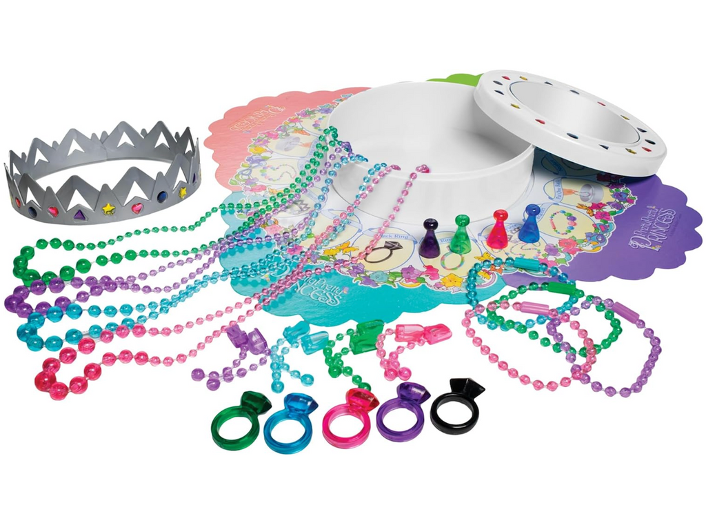 Sets of costume jewelry used to play the Pretty Pretty Princess board game. Featuring rings, bracelets, earrings, necklaces and a crown for the winner. 