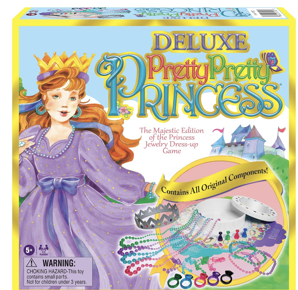 Colorfully illustrated box cover for Pretty, Pretty Princess Deluxe Edition board game. With a redheaded princess in a flowing purple dress and a picture of all the jewelry that is included. 