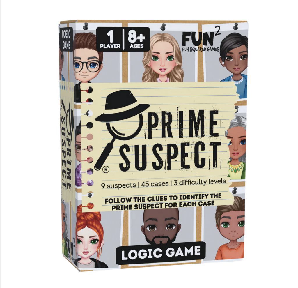 Prime Suspect Solo box cover featuring illustrated pictures of the characters from the game and a label with a magnifying glass, and detective hat. 