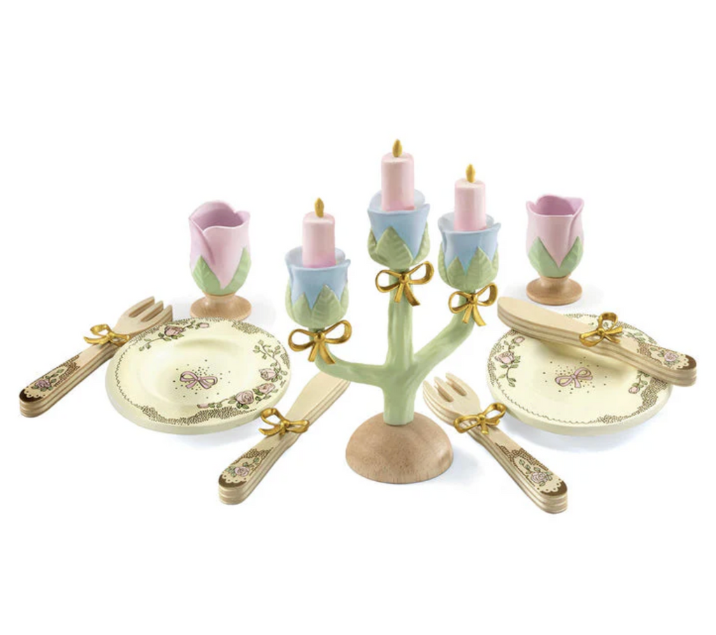 The Princesses' Dishes set including a candleabra, plates, silverware and rose shaped cups. 