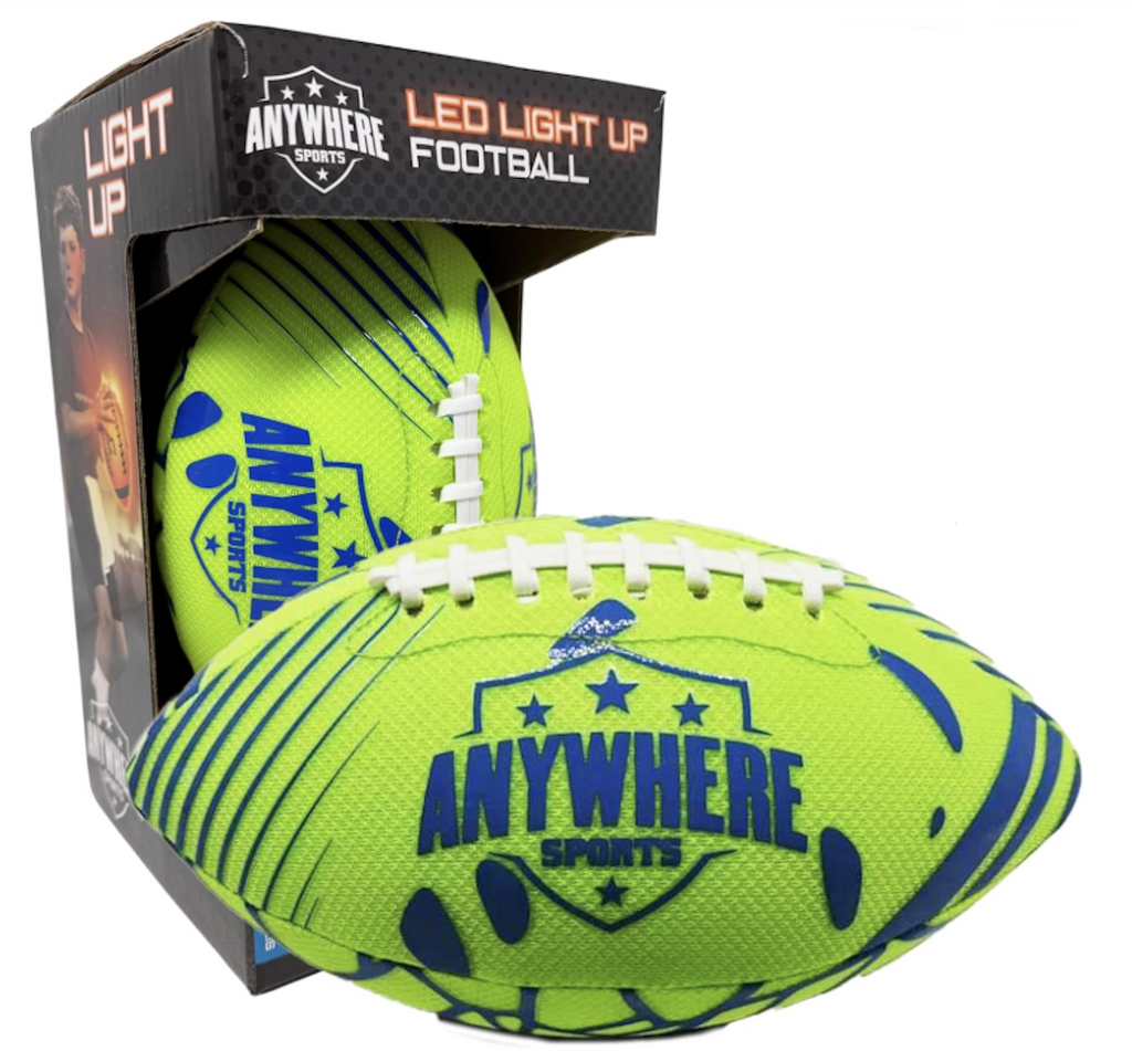 LED Light Up Football. Green football with blue graphics and white stitching packages in an open box with pictures on the sides of the football lit up with the rechargeable LED lights. 