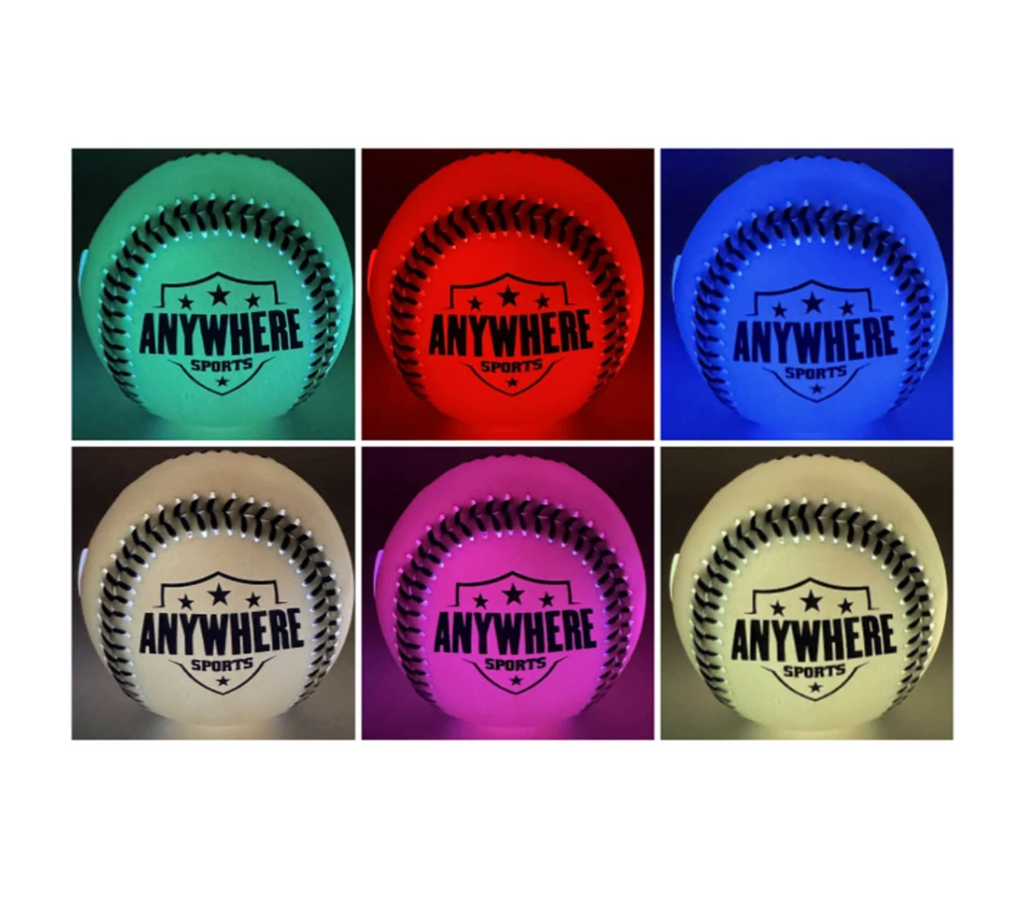 Six images of a baseball lit up in different colors- green, red, blue, white, yellow, and purple.