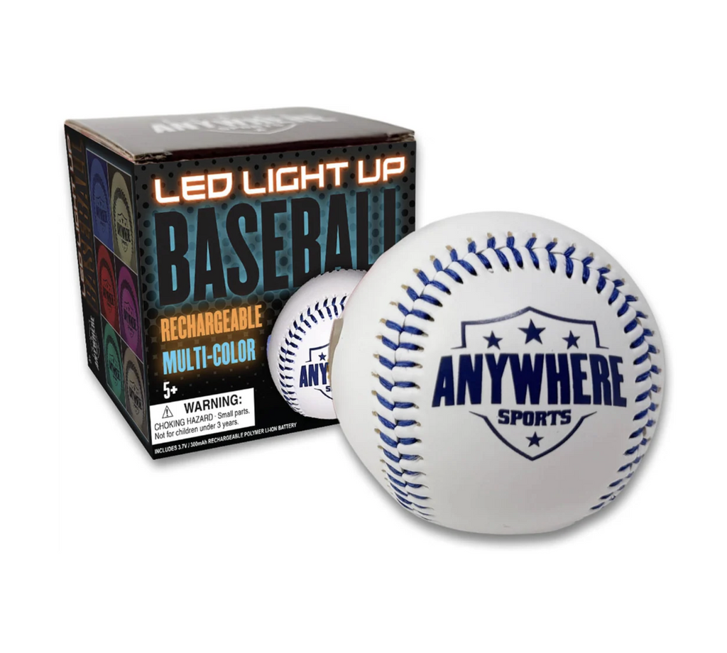 White baseball with blue stitching next to a black packaging box on a white background.
