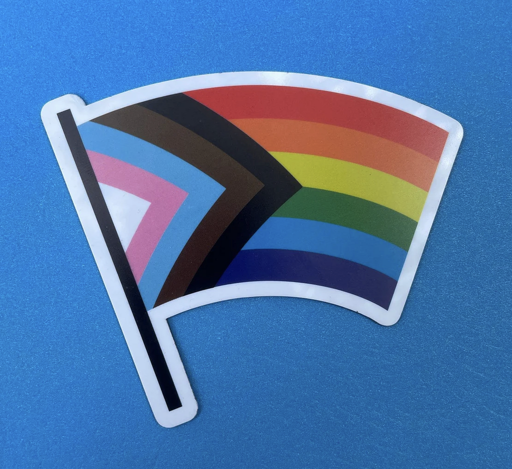 Flag shaped car magnet with the colors pink, light blue and white, black and brown stripes.