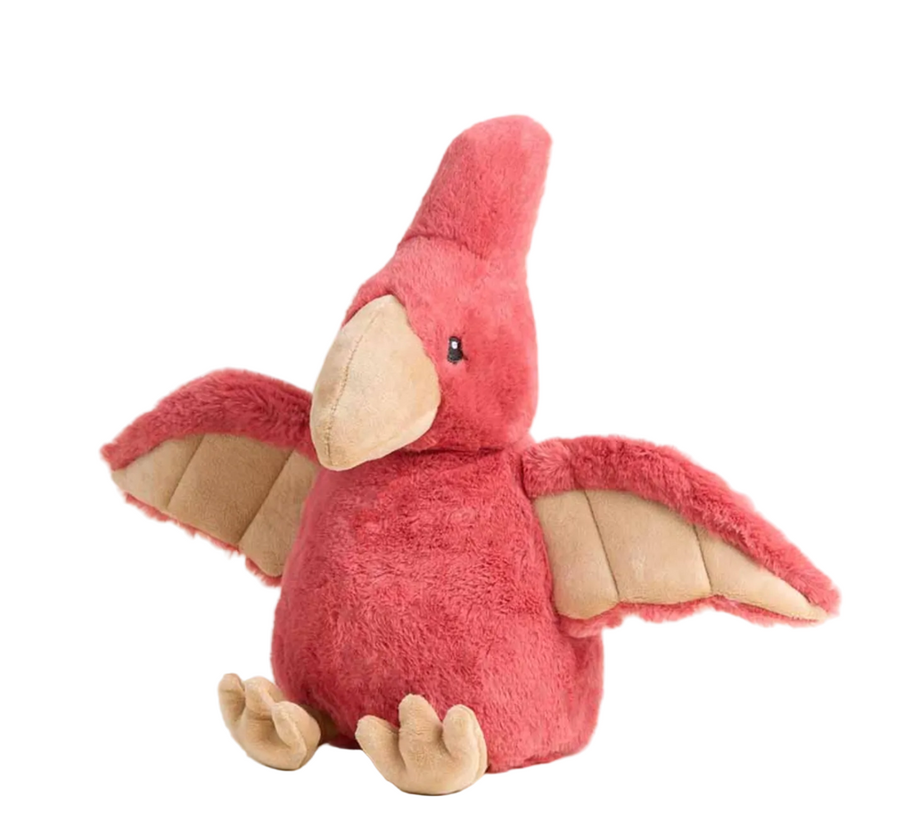 Red Pterodactyl Warmies weighted stuffed animal viewed from the side. 