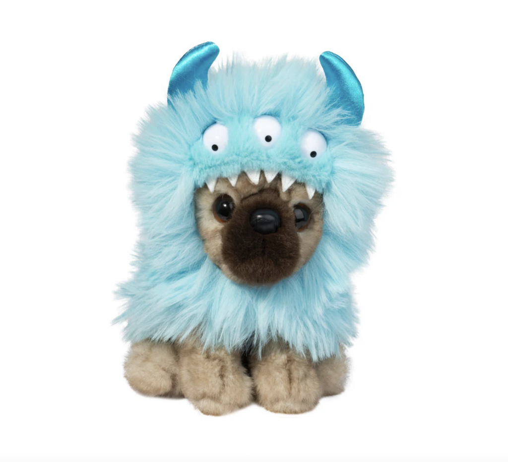 Plush pug in a blue monster costume on a white background.