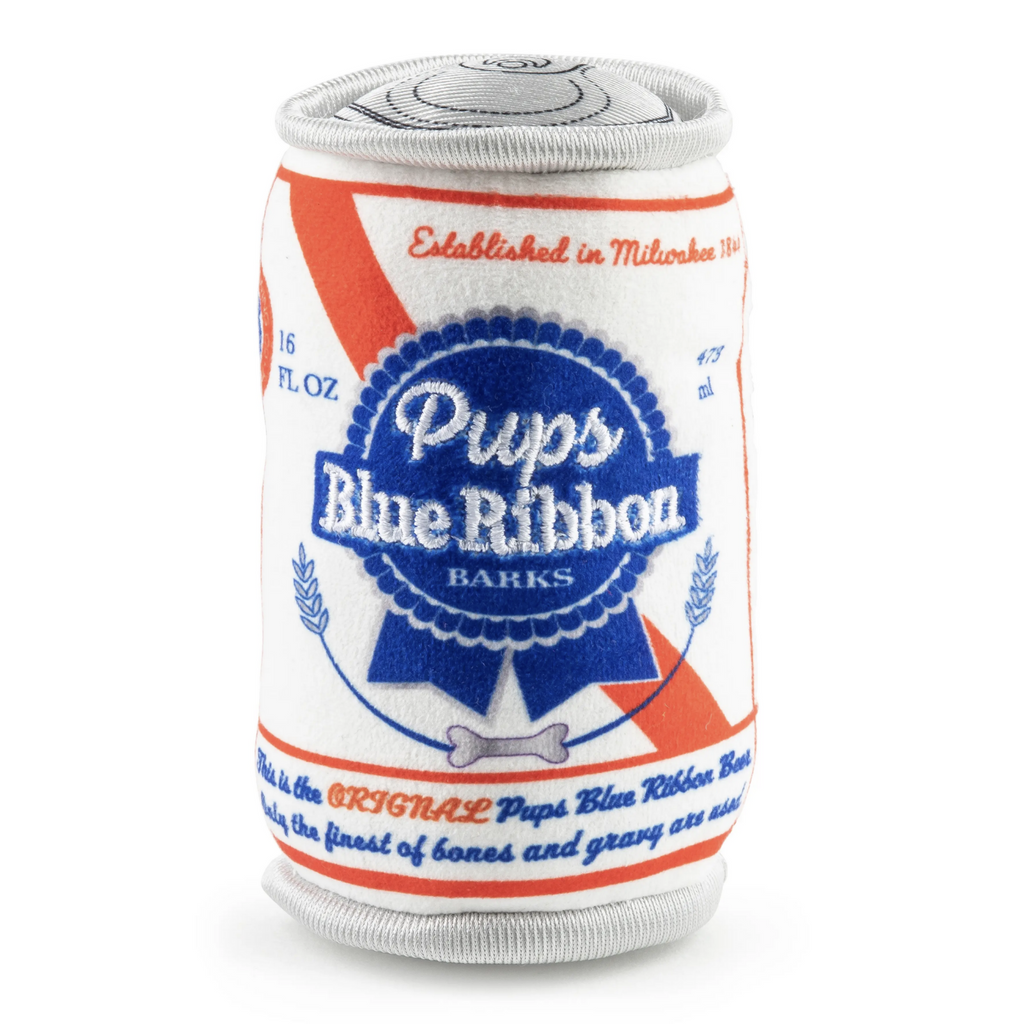 Plush dog toy shaped like a can of Pabst Blue Ribbon beer Classic red, white and blue colors adorn the can that reads "Pups Blue Ribbon" 