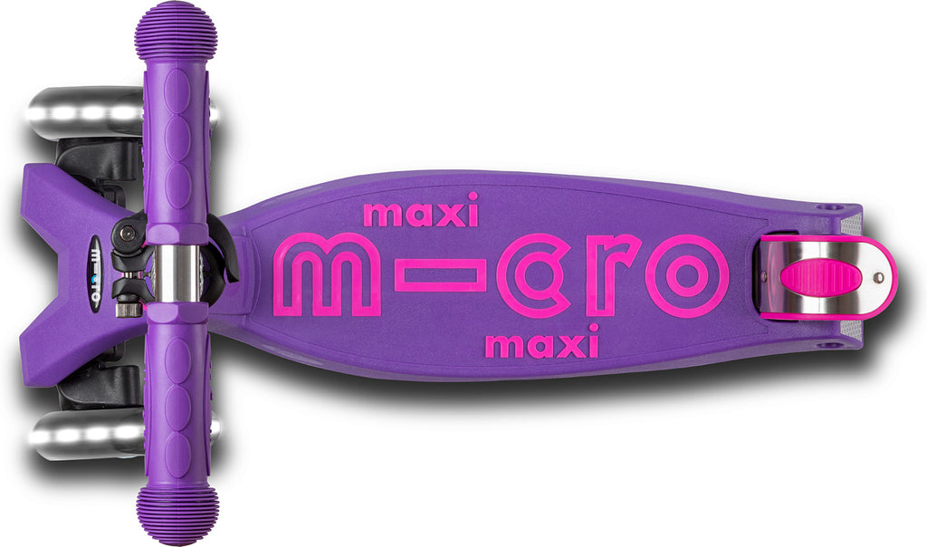 Purple Maxi LED Scooter shown folded in half for storage. 