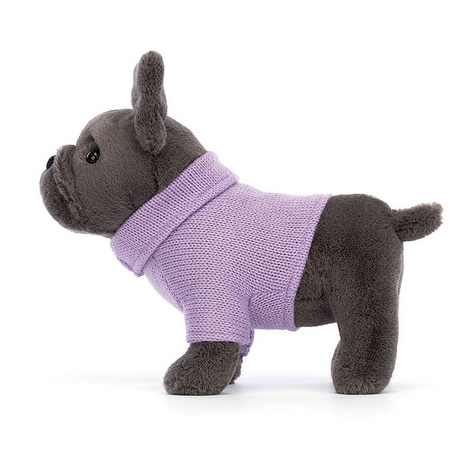 Side view of the Purple Sweater French Bulldog plush that is a blue-grey pup with sweet stocky legs, a rumpled muzzle and a perky short tail and is sporting a purple sweater. 