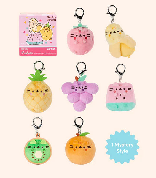 Each of the plush Pusheen Fruit Surprises with sliver clasp. Strawberry, Banana,Pineapple, Grapes, Watermelon, Kiwi, Peach and secret chase.