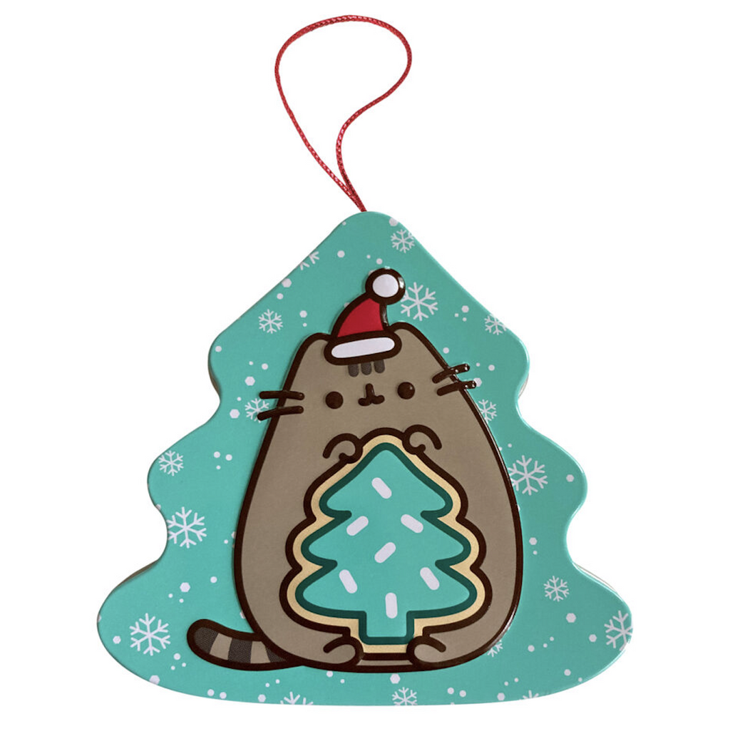 Tree shaped candy tin with Pusheen wearing a Santa hat and red ribbon attached for hanging. 