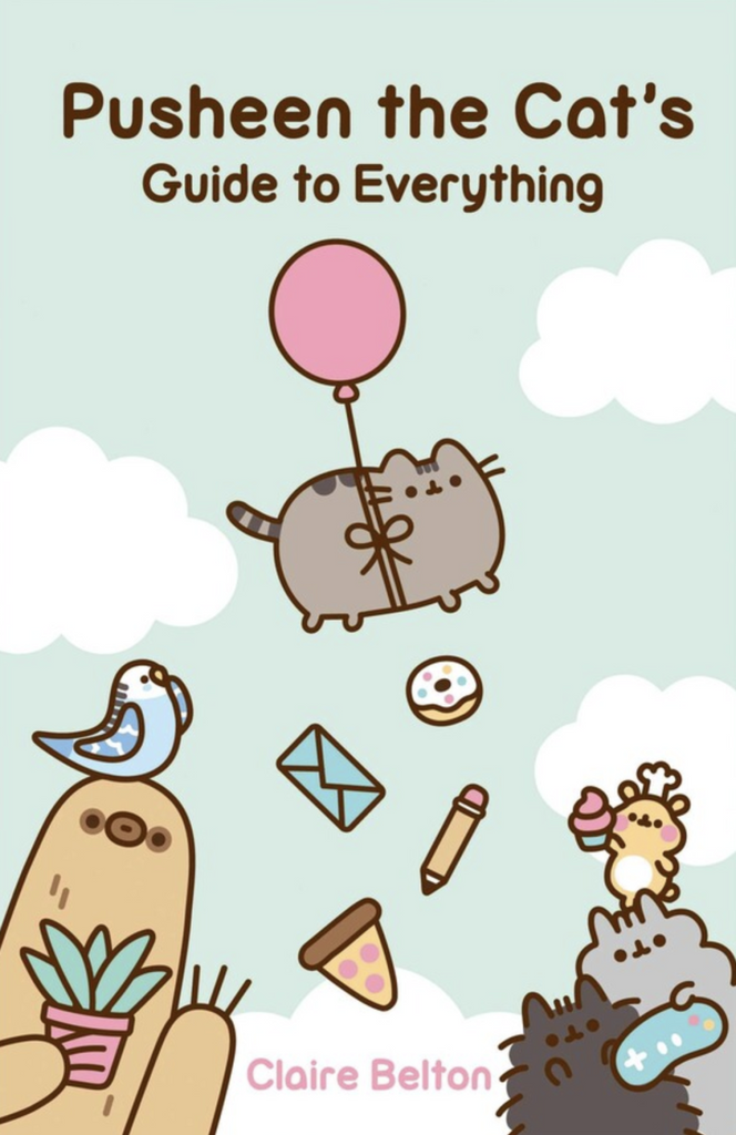 Illustrated cover with Pusheen being carried away by a balloon. 